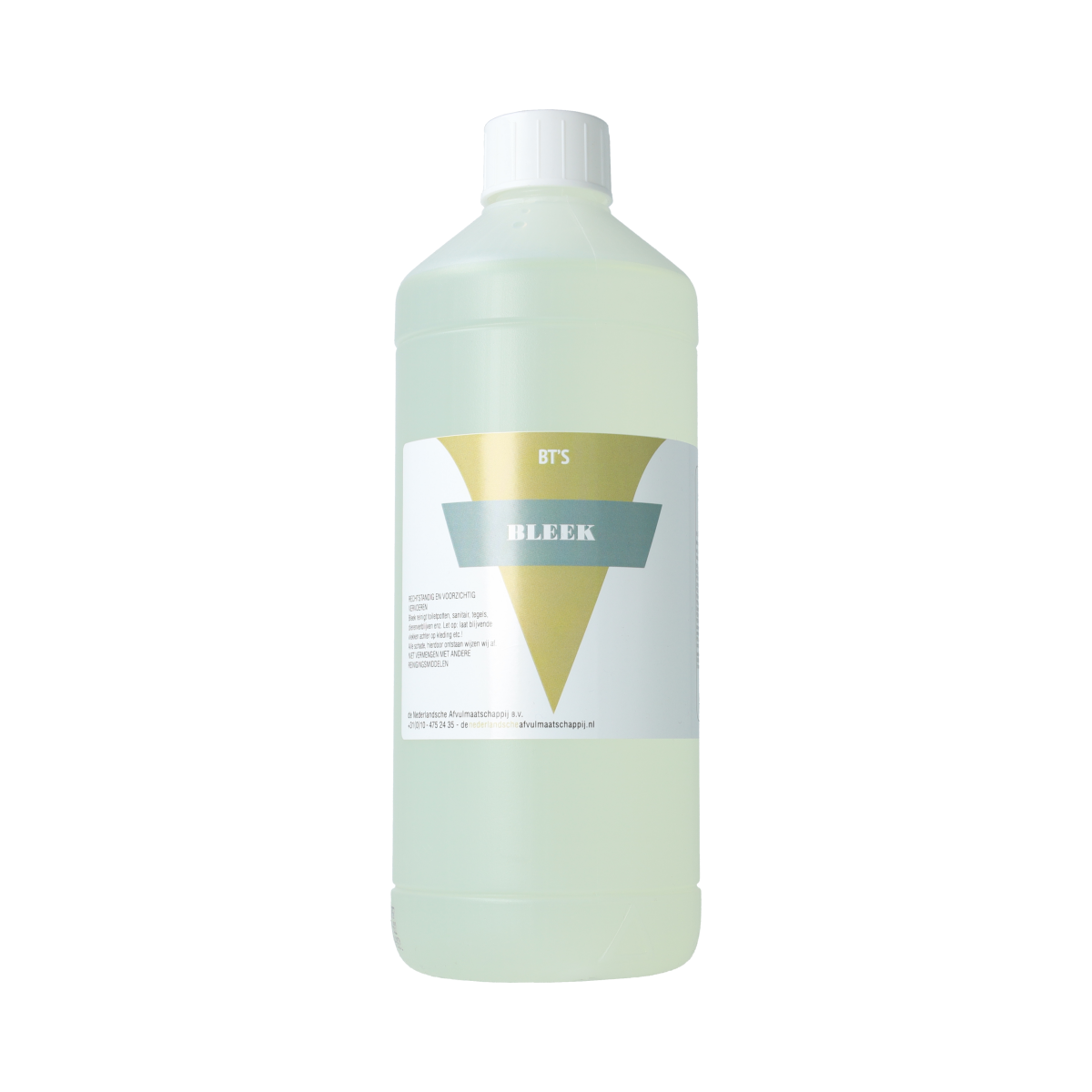 BT'S Chloorbleek 1.00 liter cleaning product in a white bottle with a blue cap, used for household bleach and cleaning.