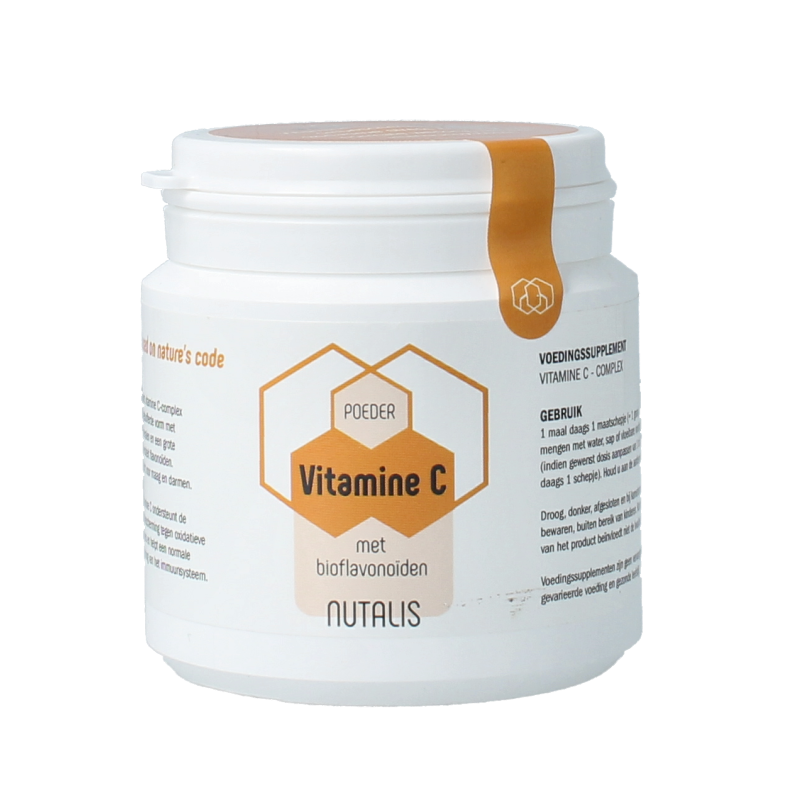 Nutalis Vitamin C with bioflavonoids, 90 grams, natural supplement in a clear jar with label showing citrus fruits and supplement details.