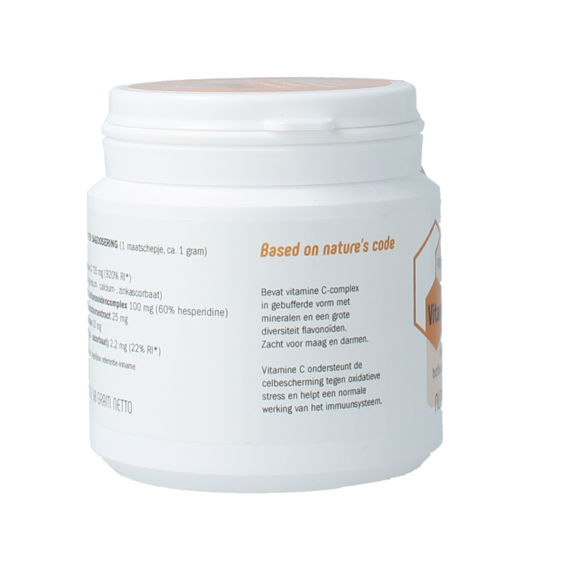 Nutalis Vitamin C with bioflavonoids supplement in a 90g jar, featuring colorful label and supplement capsules inside.