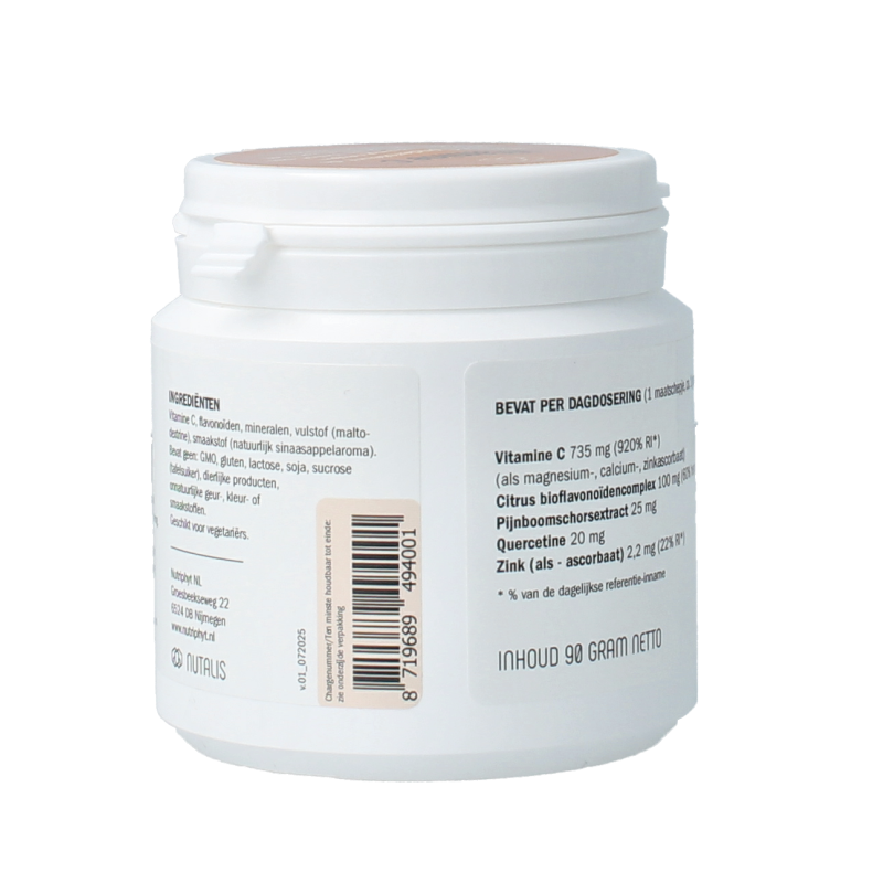 Nutalis Vitamine C supplement with bioflavonoiden in a 90g container, featuring fresh orange slices and vitamin packaging.