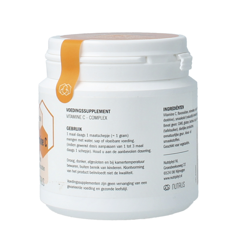 Nutalis Vitamin C with bioflavonoids in 90g container, featuring colorful citrus fruits and supplement packaging.