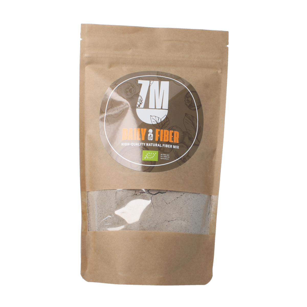 7M Daily Fiber supplement with enzymes, 200 grams, showing the packaging of fiber and enzyme blend for digestive health.