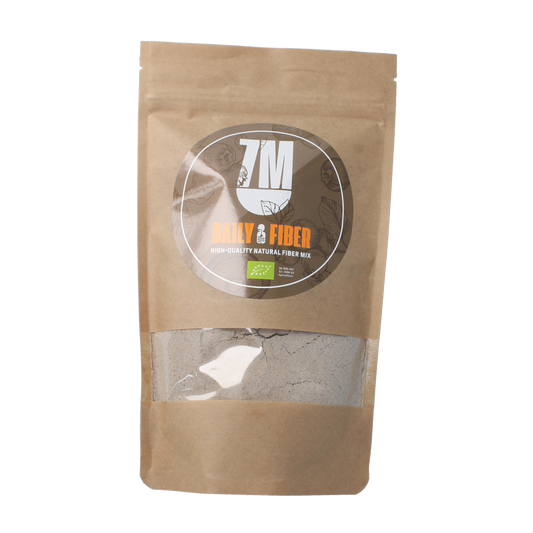 7M Daily Fiber supplement with enzymes, 200 grams, showing the packaging of fiber and enzyme blend for digestive health.
