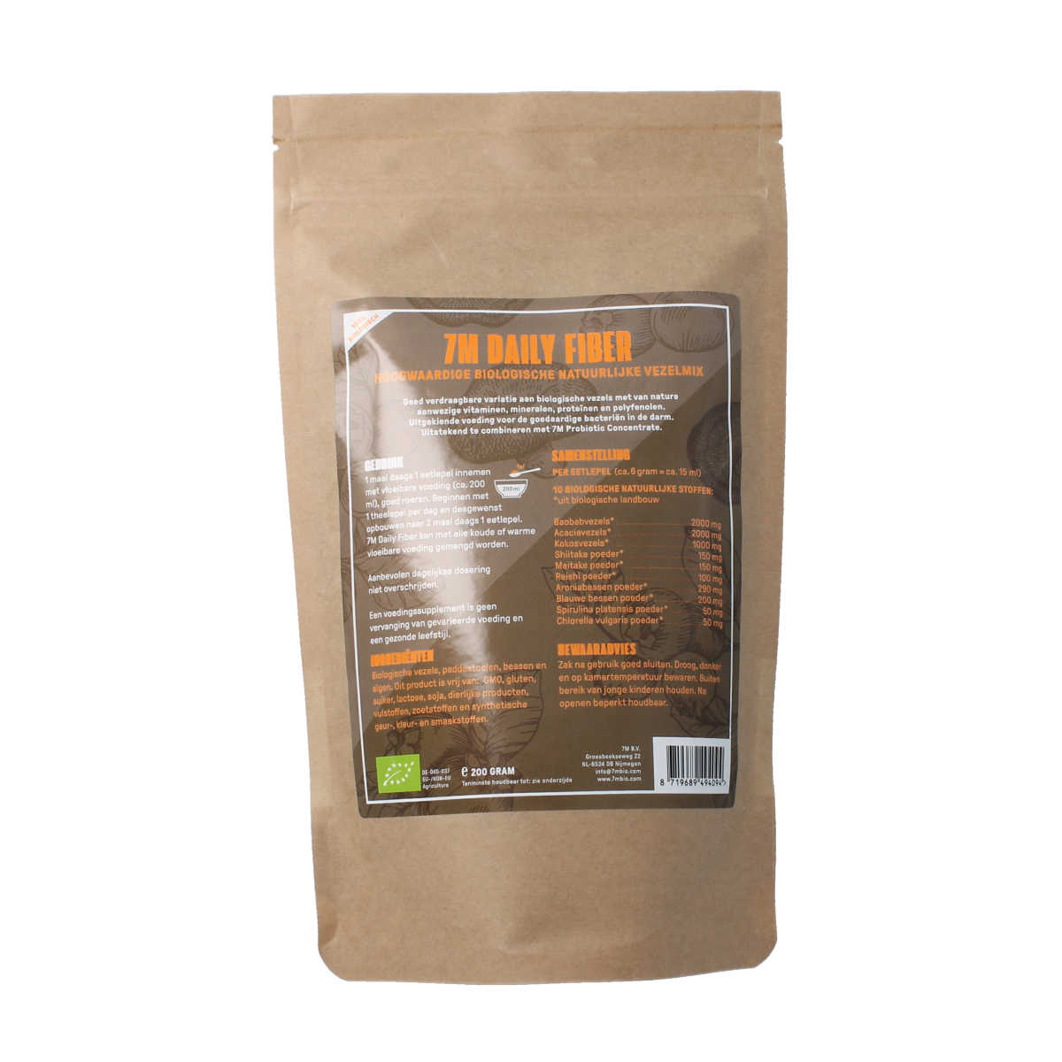 7M Daily Fiber supplement with enzymes, 200g package, featuring fiber and enzyme blend for digestive health.