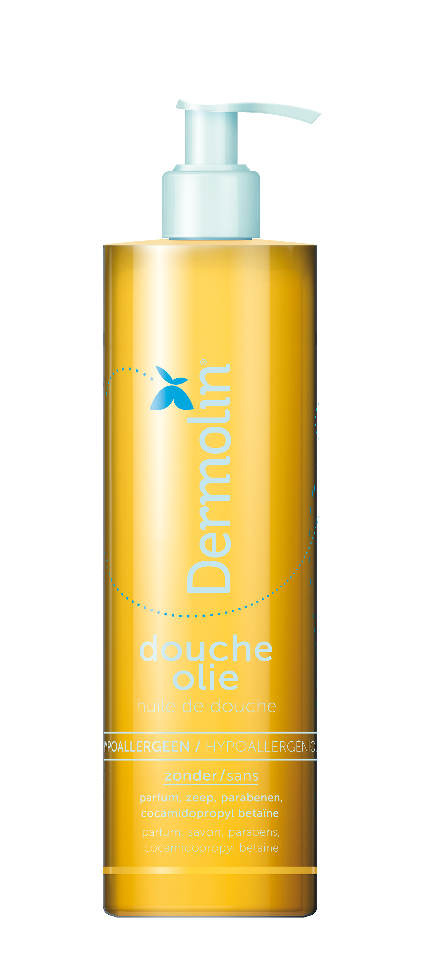 Dermolin Doucheolie 400ml bottle featuring a clear liquid in a white and green plastic container for intimate hygiene.