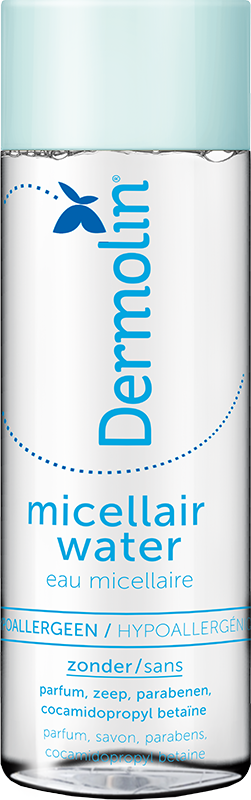 Dermolin Pure micellar water 200ml for facial cleansing, clear liquid in a transparent bottle with a white cap.