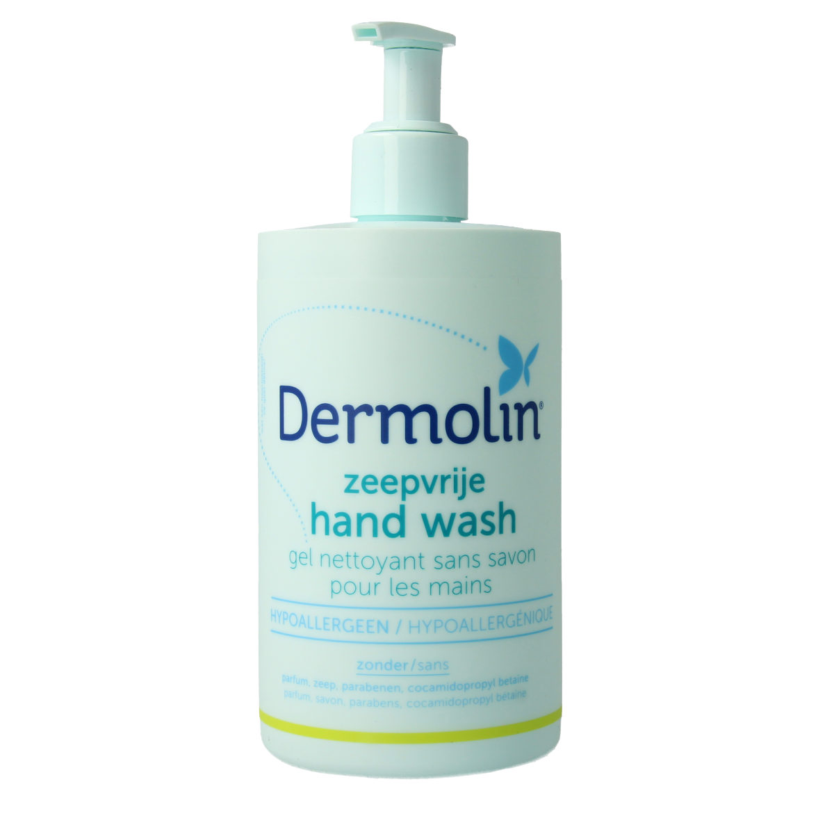 Dermolin Zeepvrije handwash in 400ml bottle, clear liquid soap for gentle hand cleansing, with Dermolin branding visible.