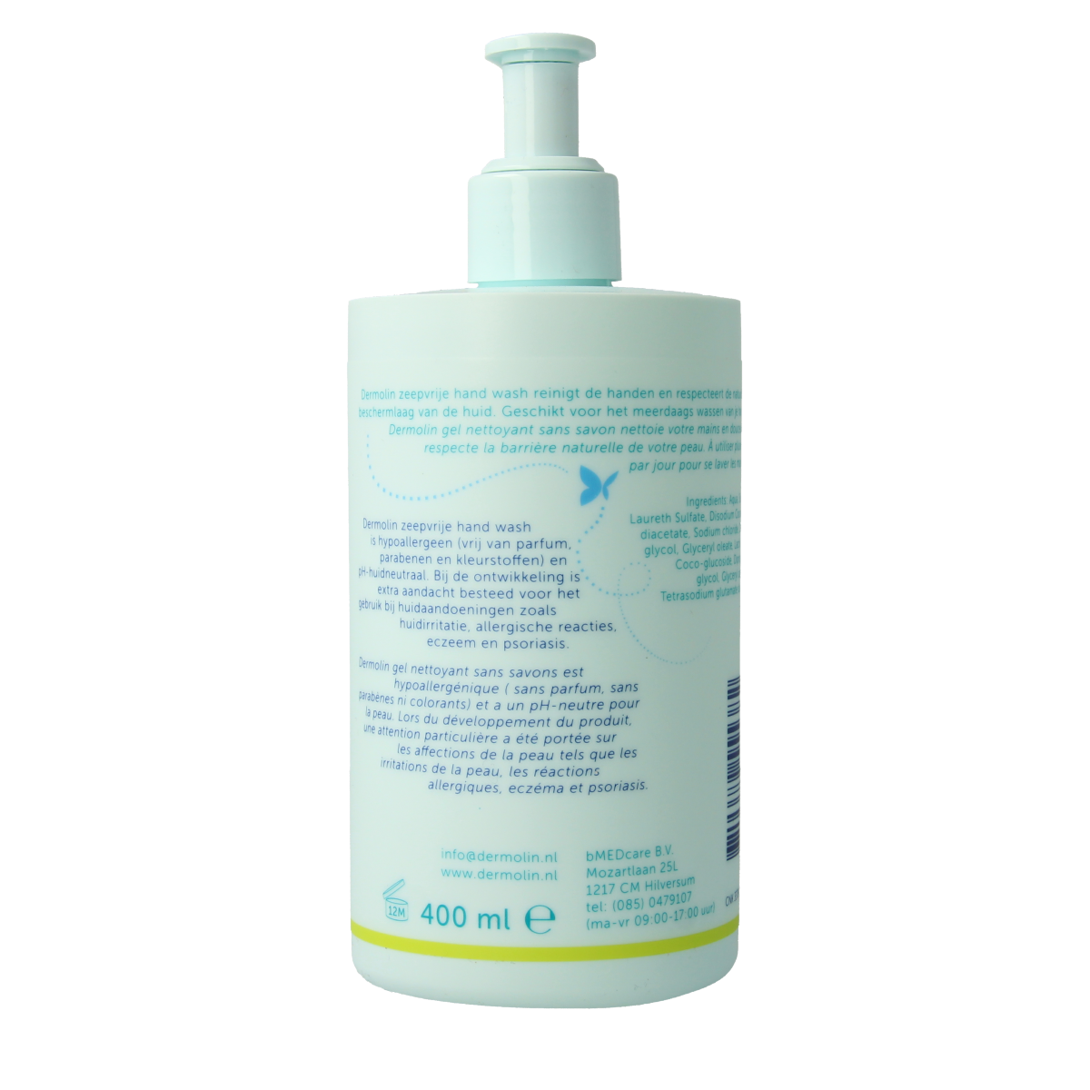 Dermolin Zeepvrije handwash bottle, 400ml, gentle soap-free handwash for sensitive skin, shown in the image.