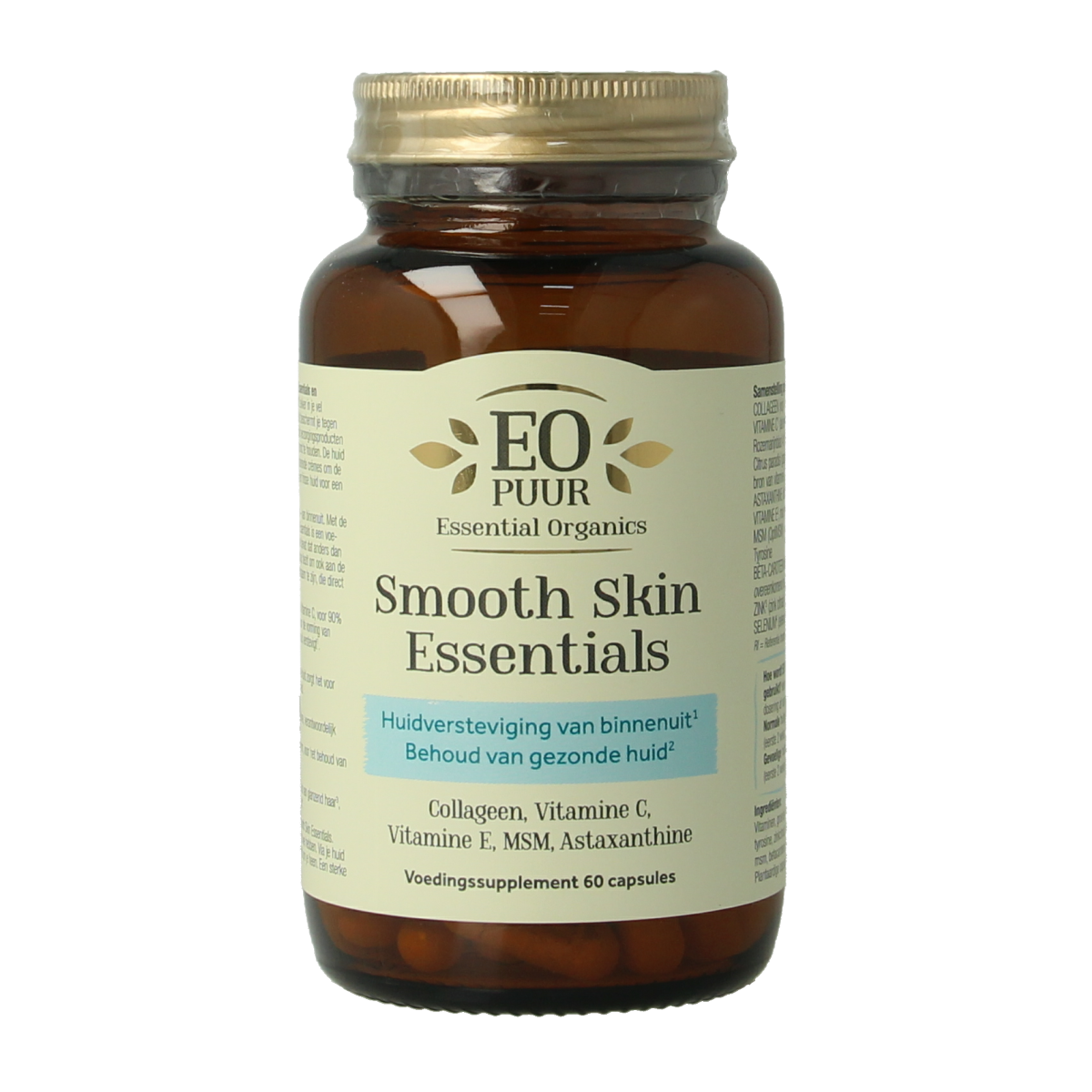 Essential Organics Smooth Skin Essentials vegetarian multi-vitamin capsules in a white bottle.