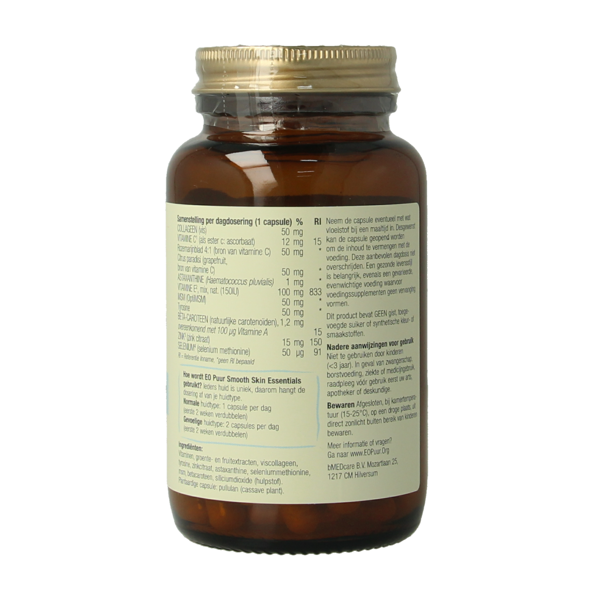 Essential Organics Smooth Skin Essentials vegetarian multi-vitamin capsules in a bottle, designed for healthy skin support.
