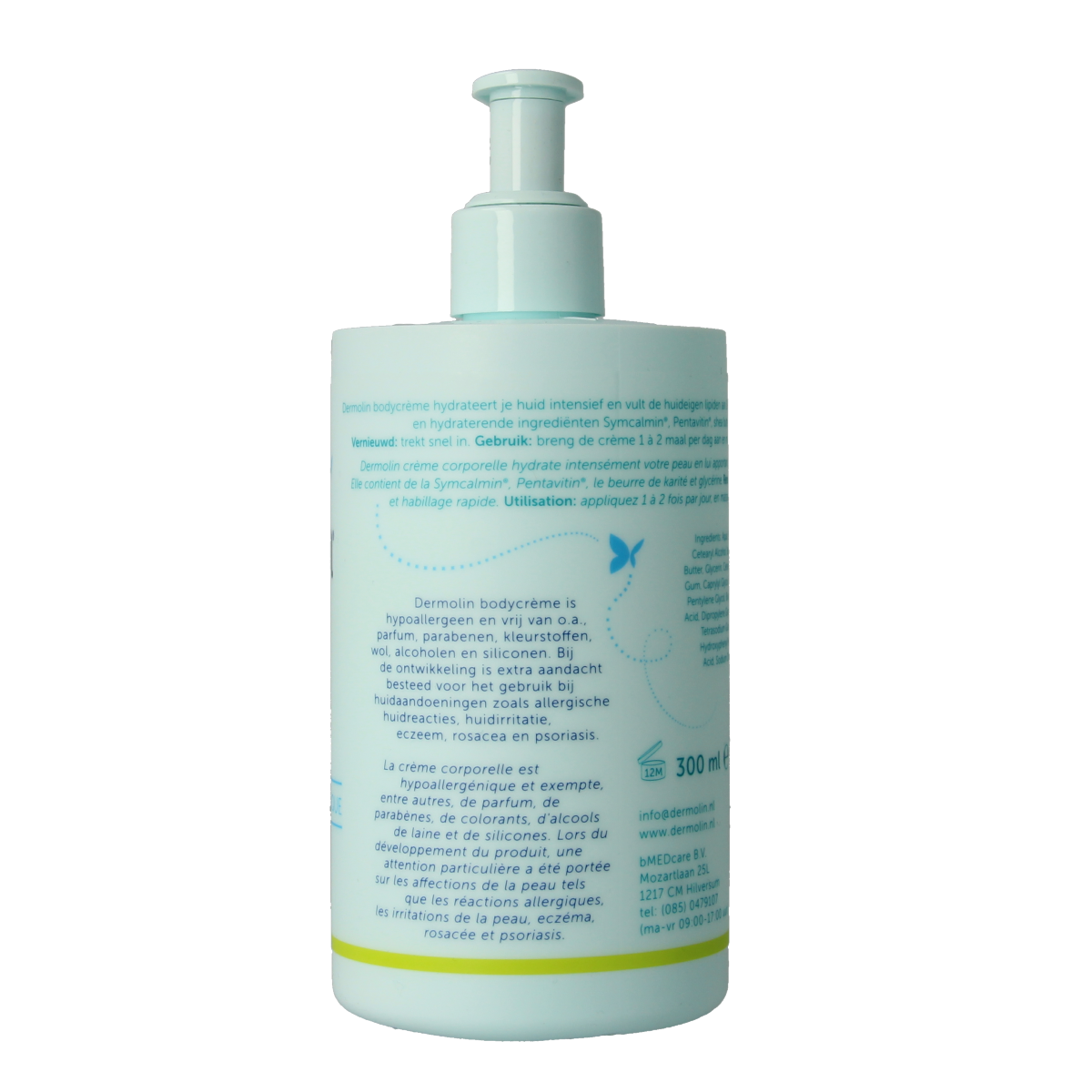 Cream jar of Dermolin Bodycreme 300ml for body care, featuring the Dermolin brand in a sleek container.
