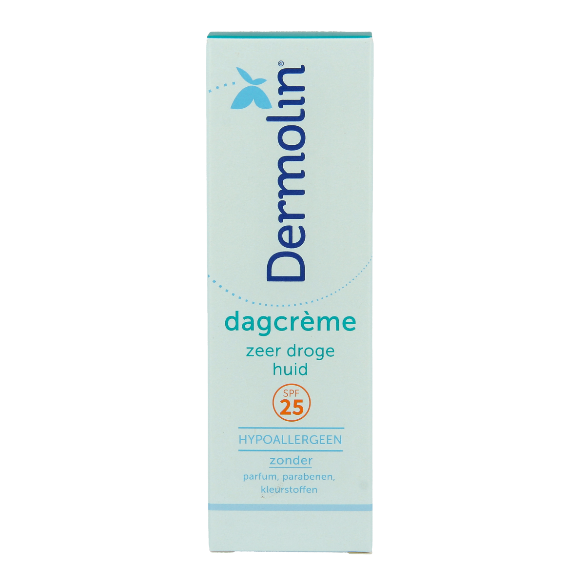 Dermolin Dagcreme voor zeer droge huid, gezichtverzorging, 50 ml, tube met witte verpakking en blauwe details.