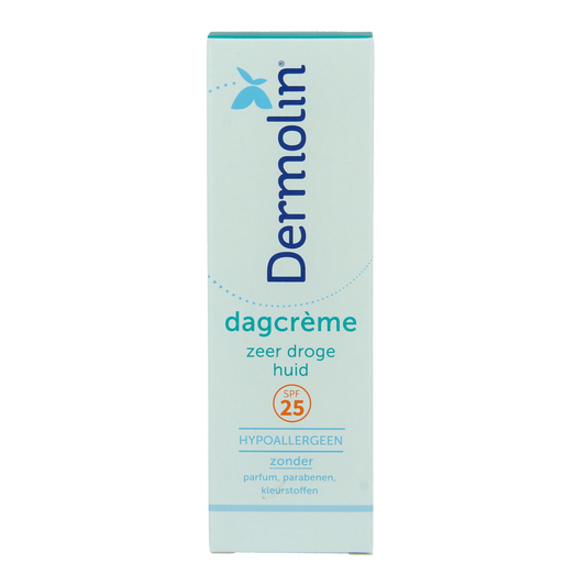 Dermolin Dagcreme voor zeer droge huid, gezichtverzorging, 50 ml, tube met witte verpakking en blauwe details.