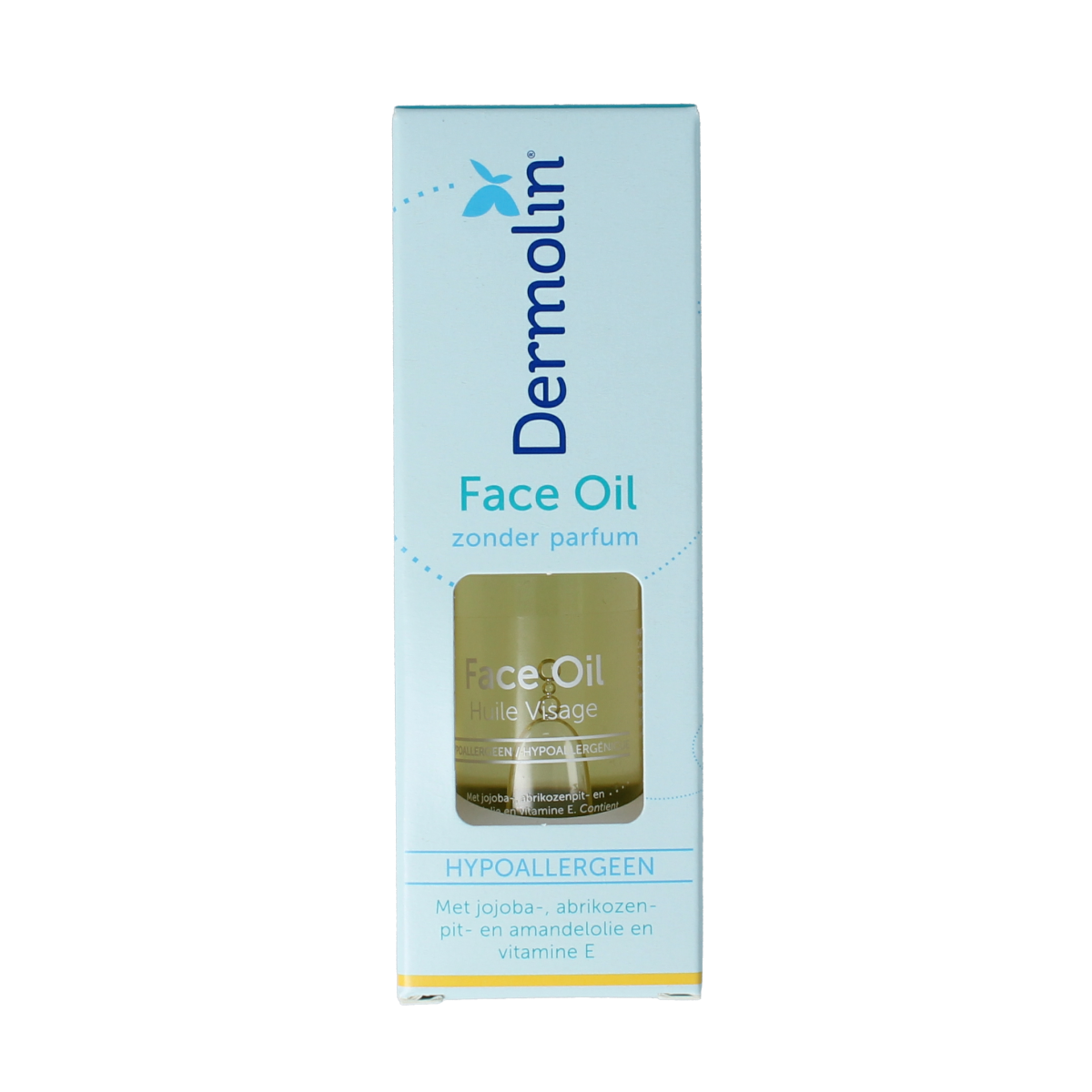 Dermolin face oil in a 30ml bottle, natural skincare product for facial nourishment and hydration.