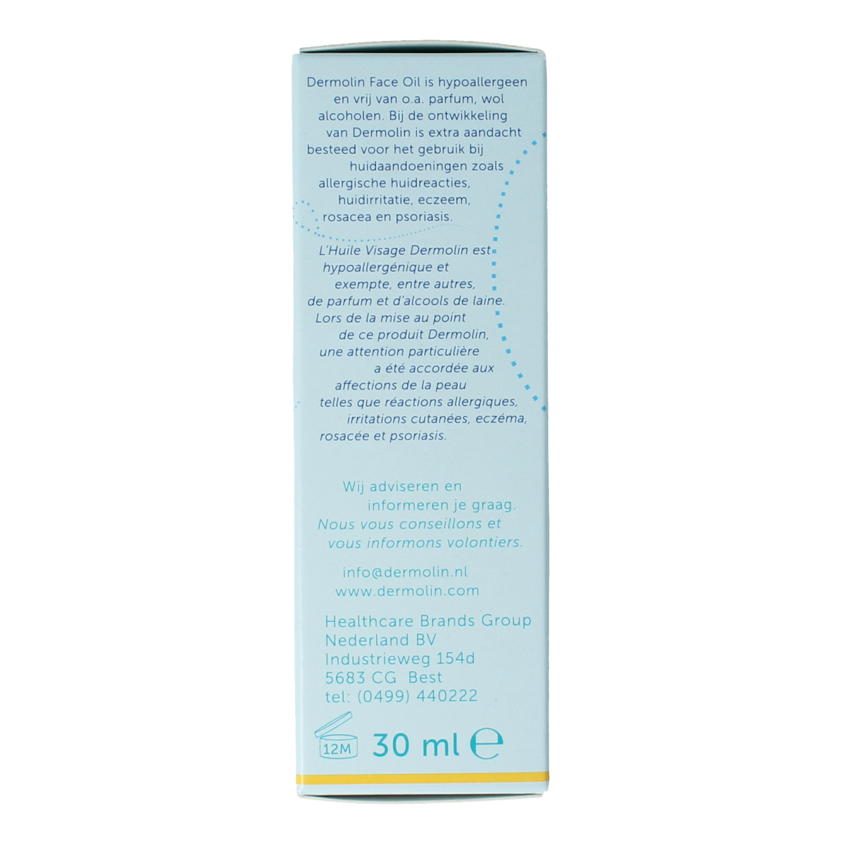 Dermolin Face Oil in 30ml bottle, natural skincare product for facial care, with a clear glass container and dropper cap.