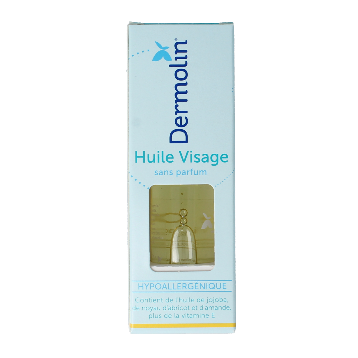 Dermolin face oil in 30ml bottle, natural facial skincare product with dropper for nourishing and hydrating skin care routine.