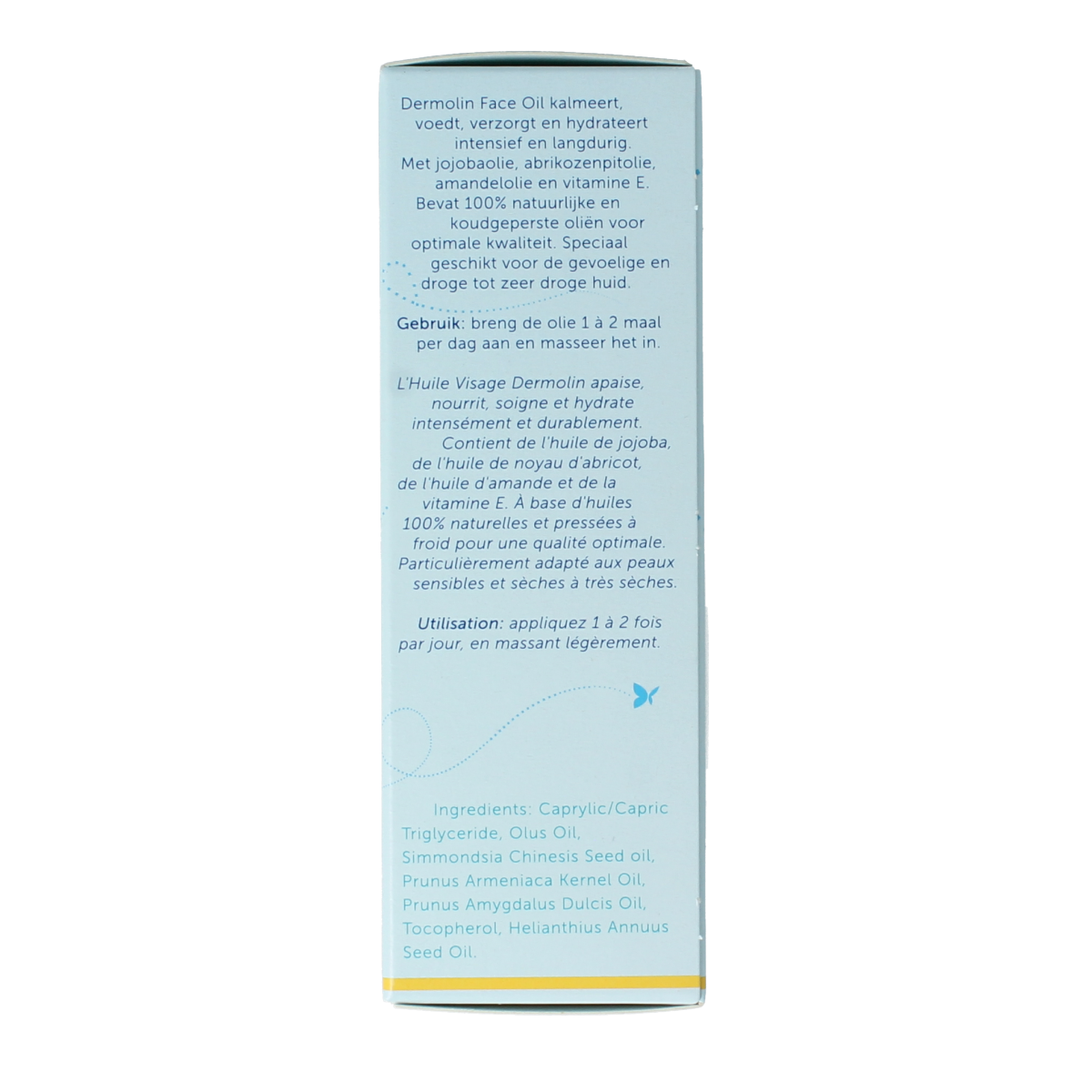Dermolin face oil bottle, 30ml, in clear packaging, designed for facial skincare and nourishing skin.
