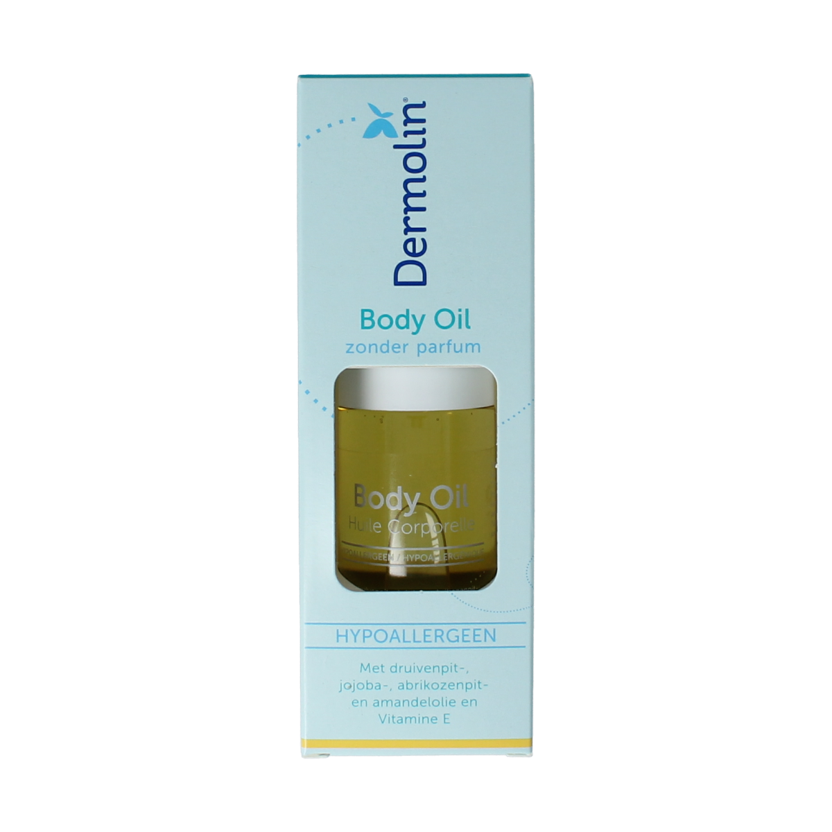 Dermolin Body Oil 75ml bottle with pump dispenser, moisturizing skincare product for smooth, hydrated skin.