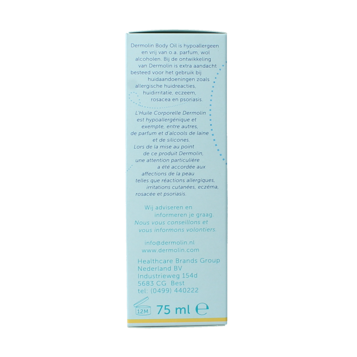 Dermolin body oil in a 75ml bottle, moisturizing body care product with a clear bottle and label, for smooth, nourished skin.