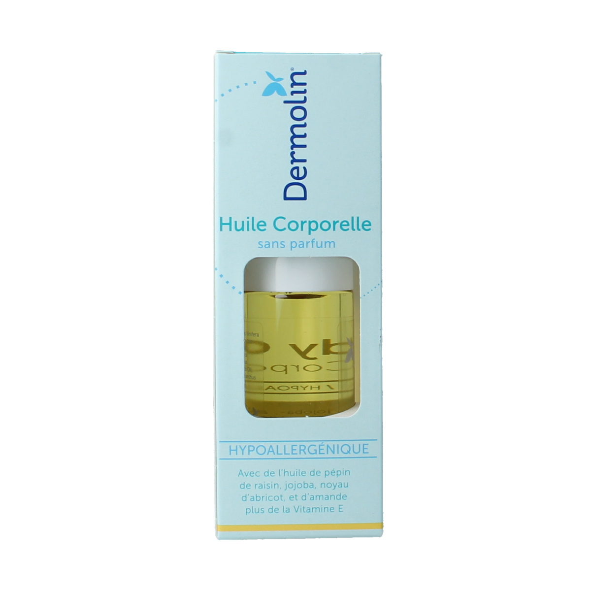 Dermolin Body Oil 75ml bottle, moisturizing body care product with smooth, lightweight texture for soft skin.
