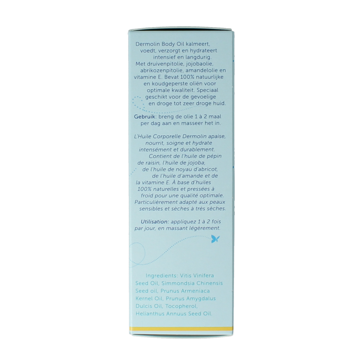 Dermolin Body Oil in 75ml bottle, moisturizing body care product with a clear bottle and label showing Dermolin branding.