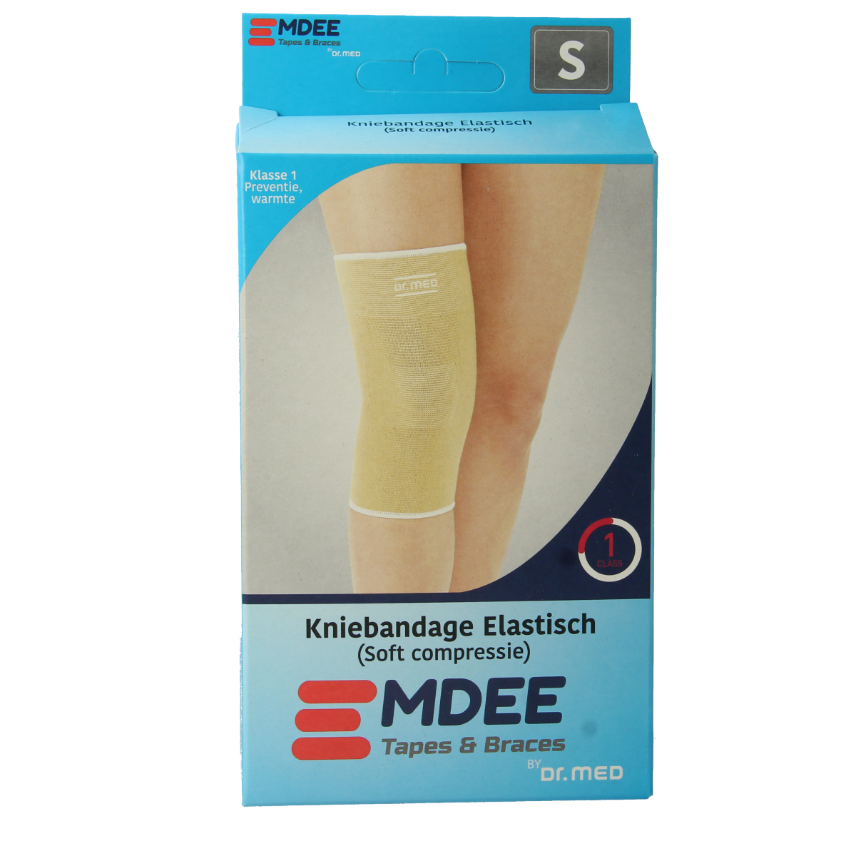 Emdee elastic support knee bandage in size S, skin color, displayed flat on a white background.