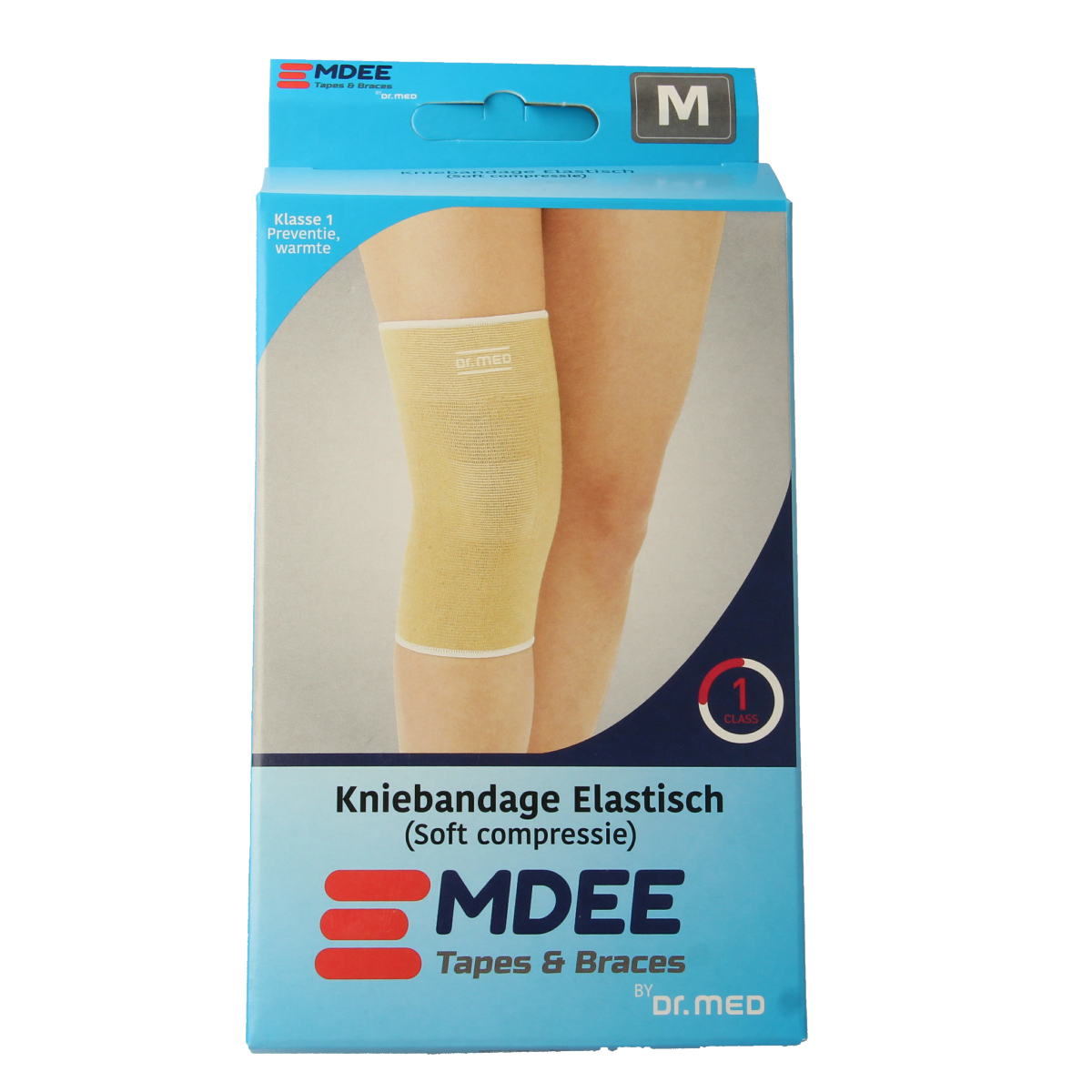 Emdee elastic support knee bandage in size M, skin color, shown wrapped around a knee for support and compression.