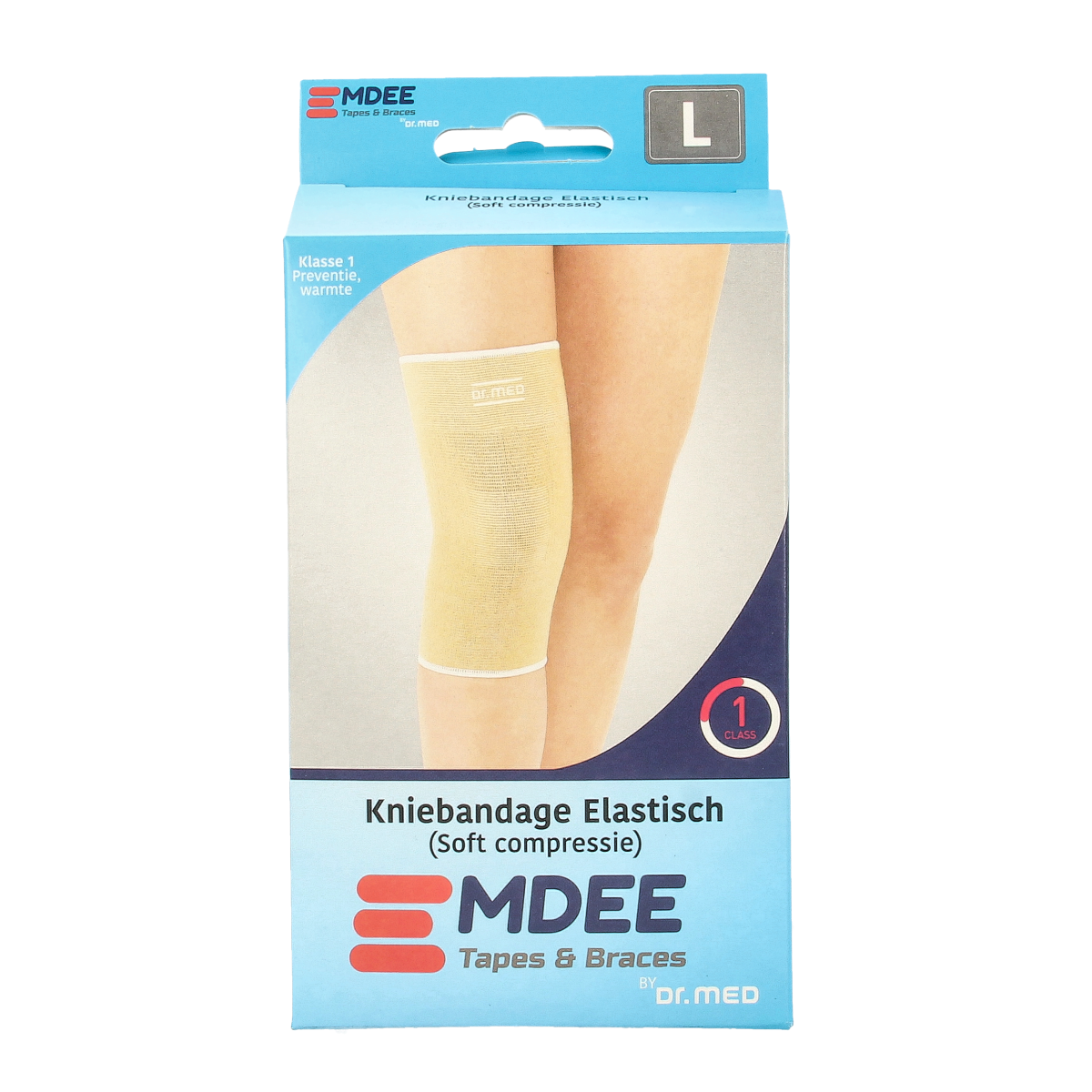 Emdee elastic support knee bandage in size L, skin color, showing the adjustable strap and breathable material.