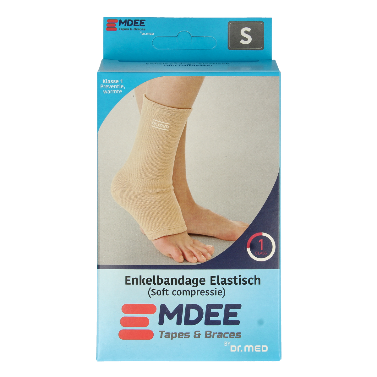 Emdee elastic ankle support bandage in size small, skin color, shown in the image, designed for ankle stabilization and support