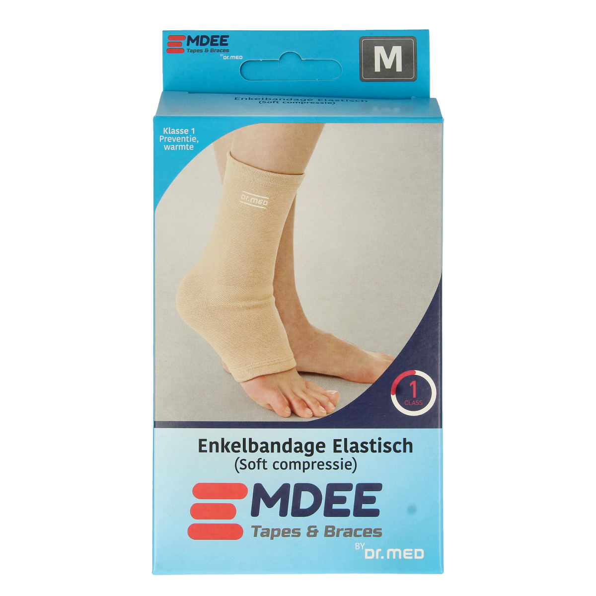 Emdee elastic ankle support bandage in size M, skin color, shown wrapped around ankle for support and compression