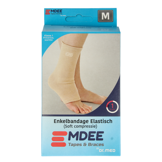 Emdee elastic ankle support bandage in size M, skin color, shown wrapped around ankle for support and compression