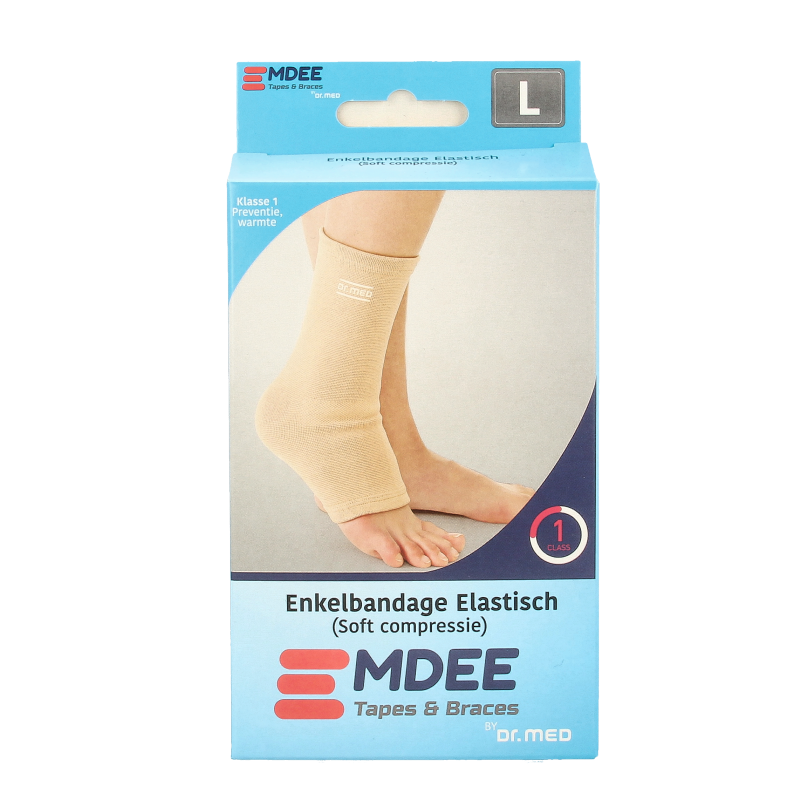 Emdee elastic ankle support bandage in size L, skin color, displayed on a neutral background