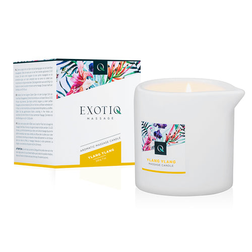 Exotiq Ylang Ylang massage candle 200g for body care, shown as a soft wax candle in a natural setting.