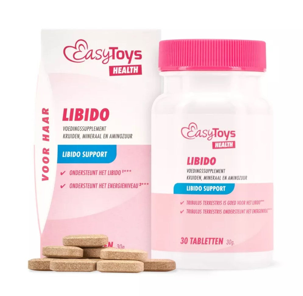 EasyToys Health Libido vrouw kruidenpreparaat in 30 tabletten, close-up of the herbal supplement packaging.