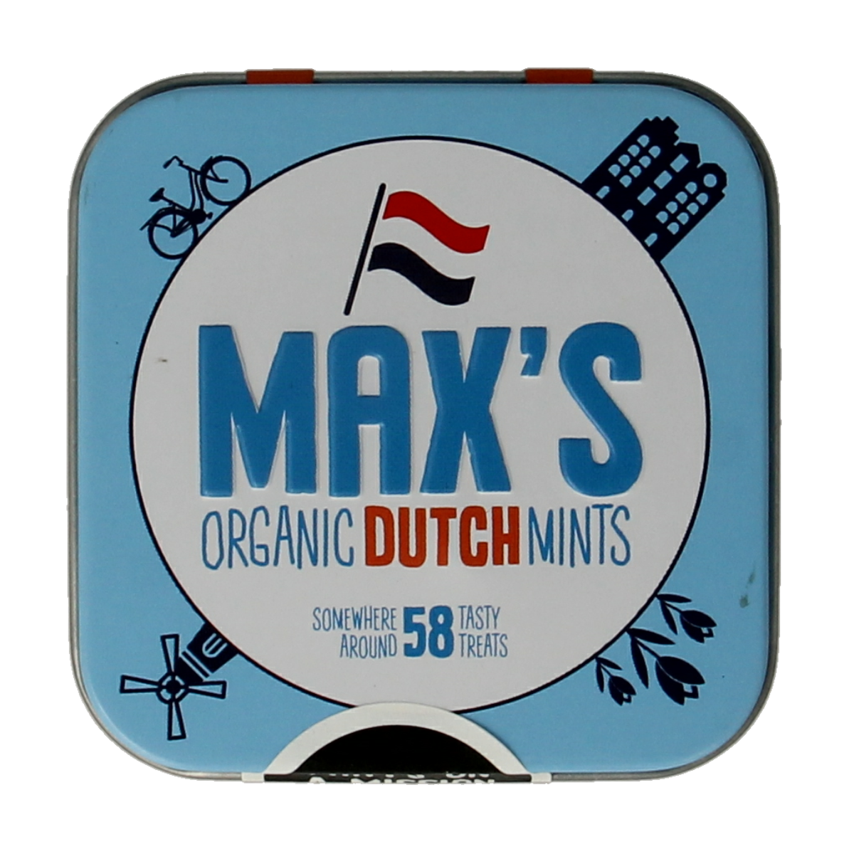 Max mints Dutch square tin with 35g of organic candy, featuring colorful mints inside.