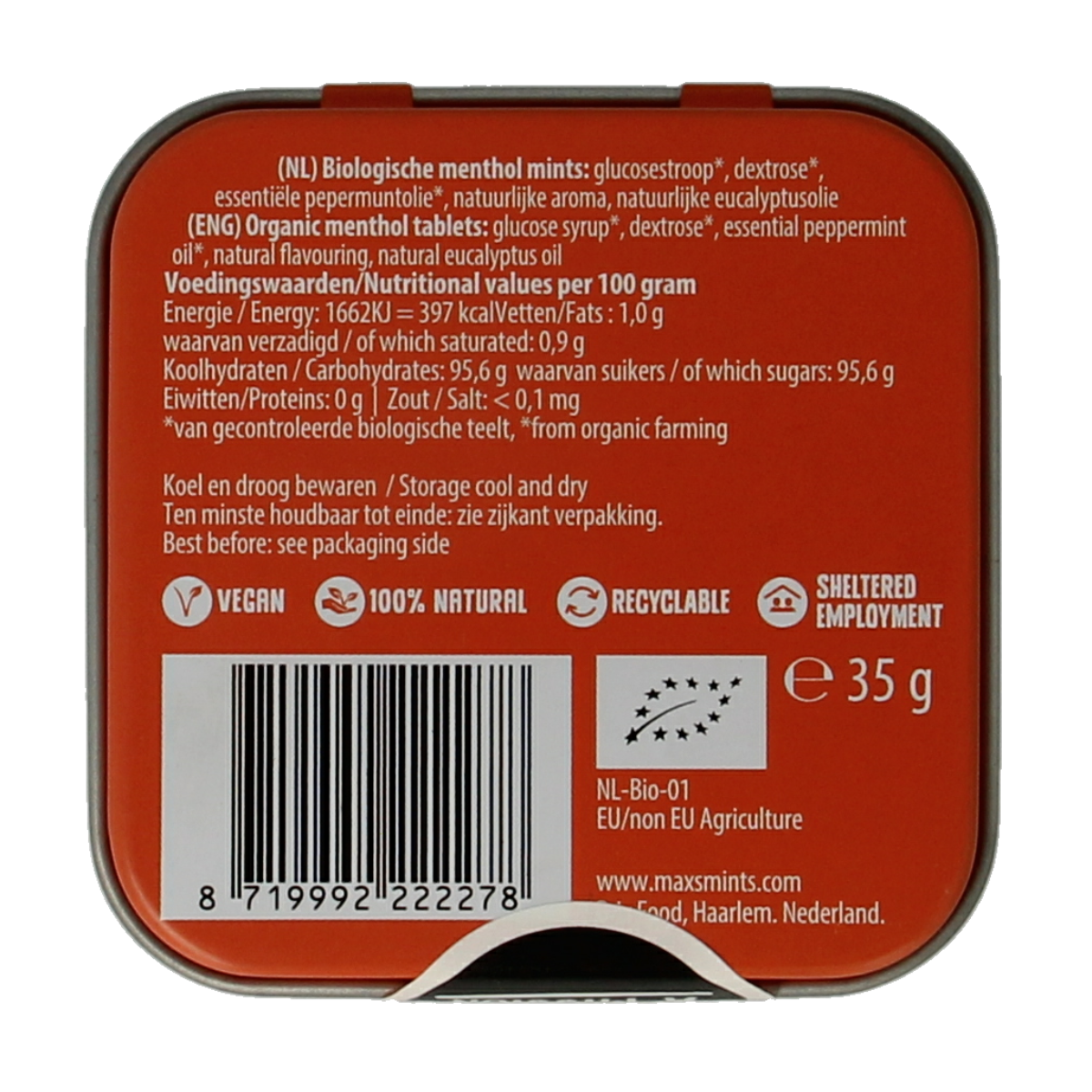 Max mints Dutch bio candy in a square tin, 35g, showing the compact, eco-friendly packaging and colorful mints inside.