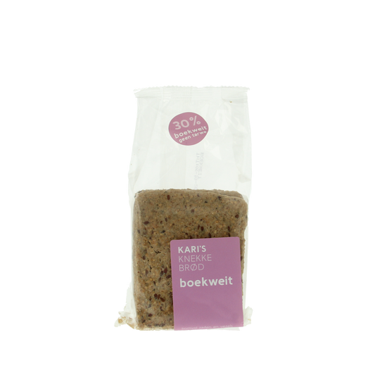 Kari's Crackers bio buckwheat crispbread in 200g package, showcasing the whole cracker with a textured surface.
