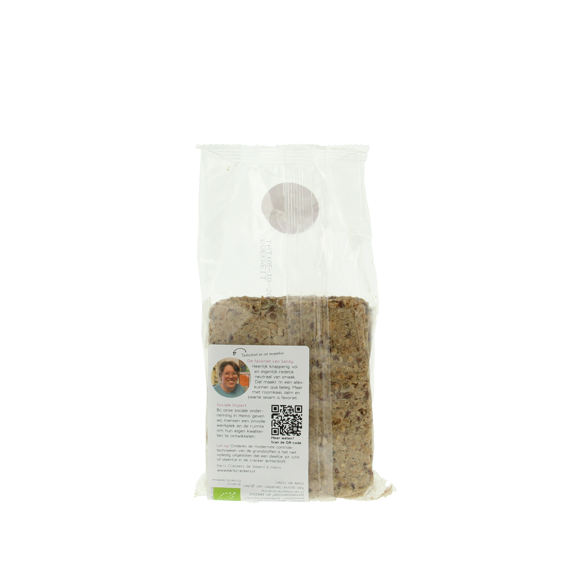 Kari's Crackers bio knekkebrod with buckwheat, 200g, showing crispy whole grain bread slices on a rustic background.
