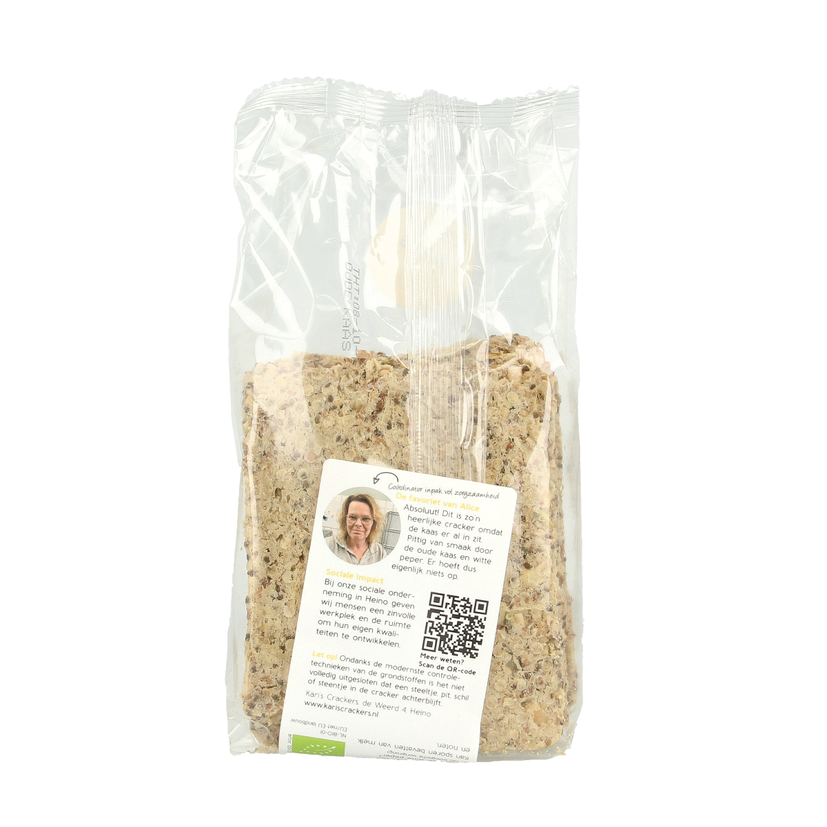 Kari's Crackers Knekkebrod oude kaas bio, 175g, showing crispy, artisanal crackers with a cheese topping on a wooden surface.