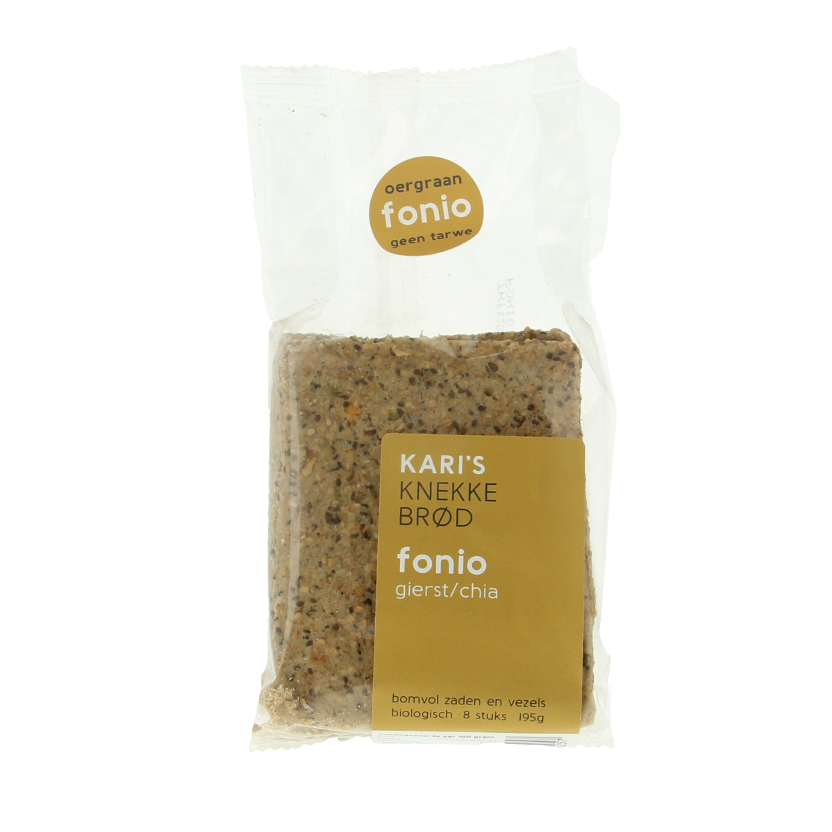 Kari's Crackers Knekkebrod with fonio, millet, and chia, organic whole grain crackers in a 195g package.