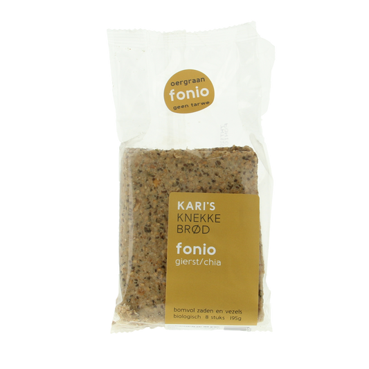 Kari's Crackers Knekkebrod with fonio, millet, and chia, organic whole grain crackers in a 195g package.