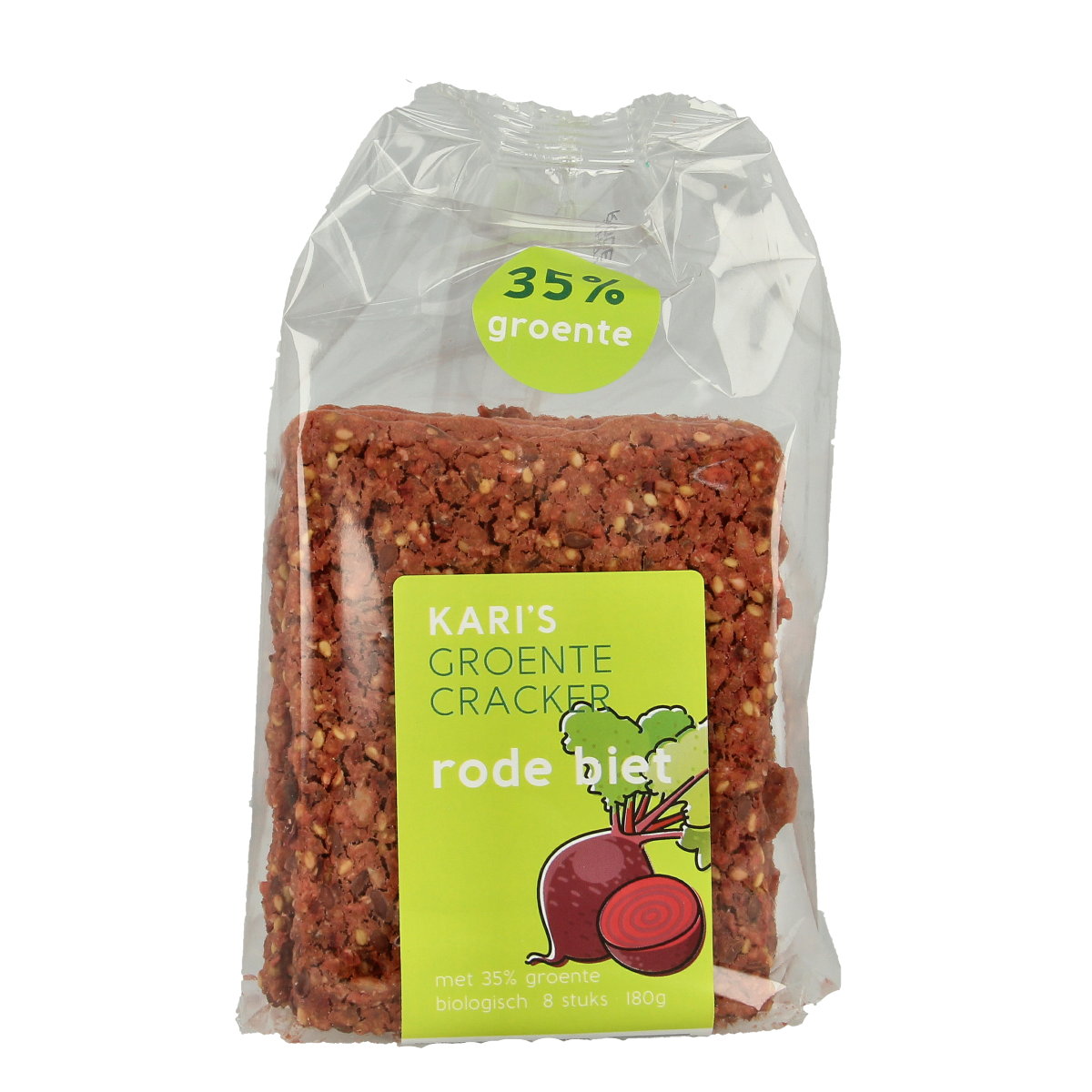 Kari's Crackers organic beetroot vegetable crackers in 180g package, showing vibrant red chips on a white background.