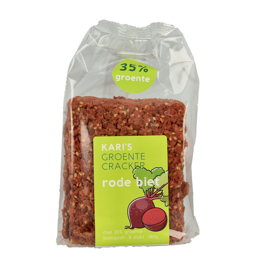 Kari's Crackers organic beetroot vegetable crackers in 180g package, showing vibrant red chips on a white background.
