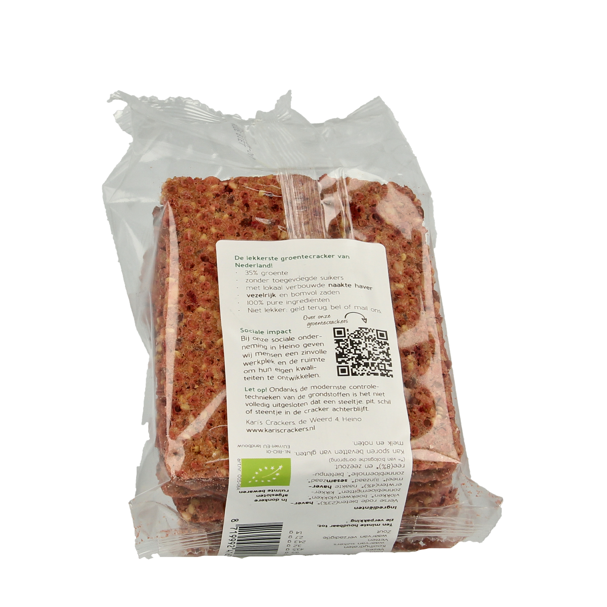 Kari's Crackers organic beetroot vegetable crackers in a 180g bag, showing vibrant red beet slices and crispy texture.