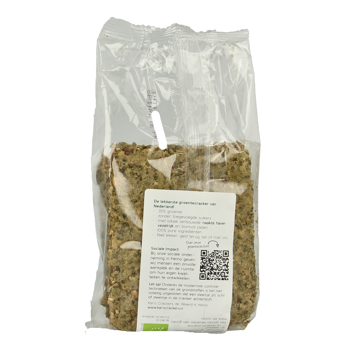Kari's Crackers groentecrackers met spinazie en prei, 175g, in een open verpakking met crackers zichtbaar.