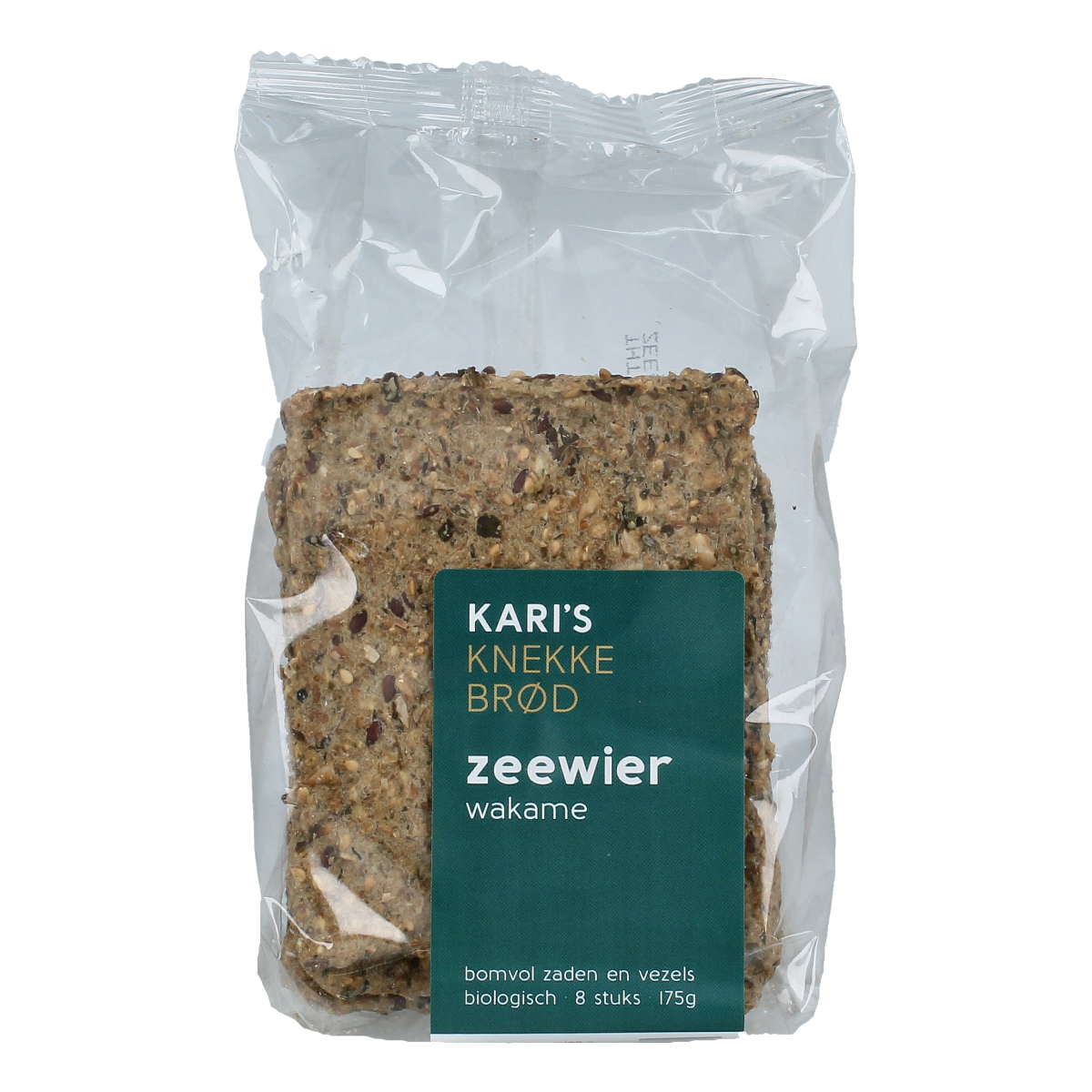 Kari's Crackers Knekkebrod Wakame bio, 175g, featuring whole grain crackers with seaweed flavor, shown in a package.