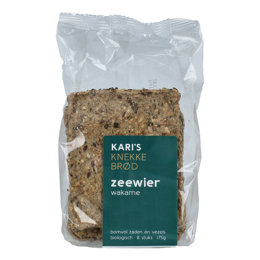Kari's Crackers Knekkebrod Wakame bio, 175g, featuring whole grain crackers with seaweed flavor, shown in a package.
