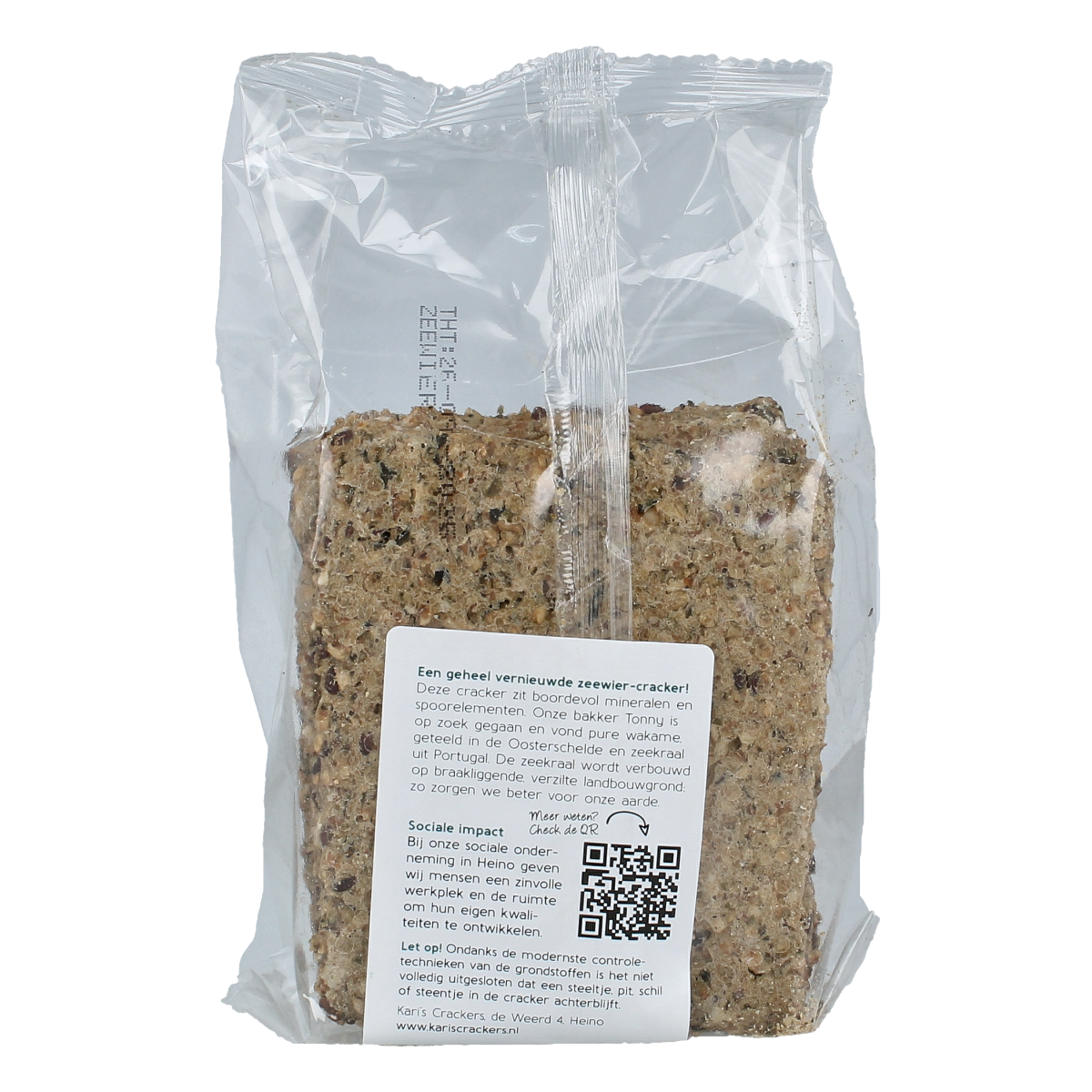 Kari's Crackers Wakame bio knekkebrod, 175g, showing whole-grain crackers with seaweed flakes on a wooden surface.