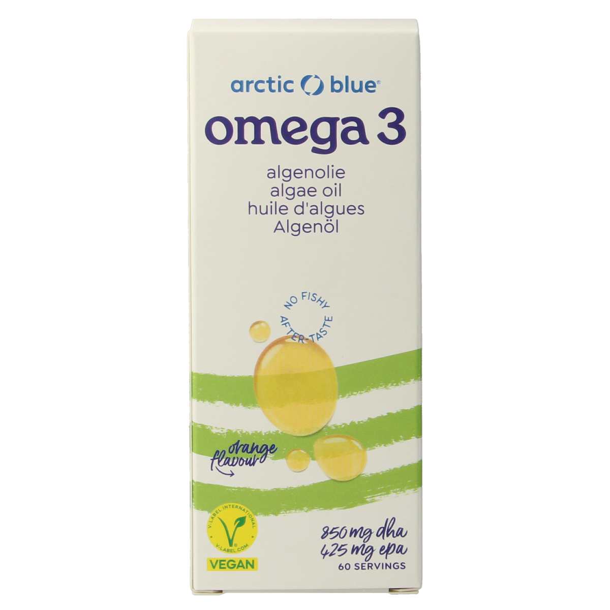 Arctic Blue Algenolie DHA and EPA omega-3 supplement in 150ml bottle, featuring blue label and natural plant-based ingredients.