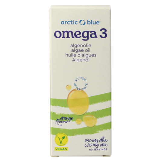 Arctic Blue Algenolie DHA and EPA omega-3 supplement in 150ml bottle, featuring blue label and natural plant-based ingredients.